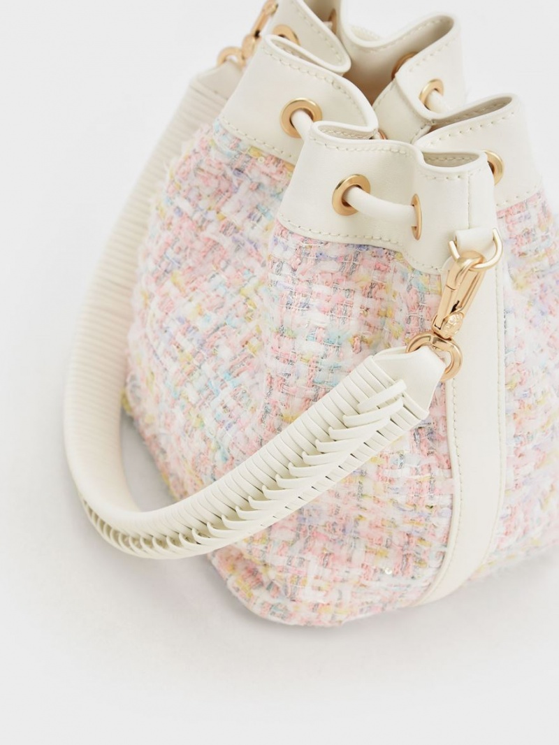 Charles And Keith Woven Handle Tweed Bucket Bags Light Pink | PHILIPPINES V136