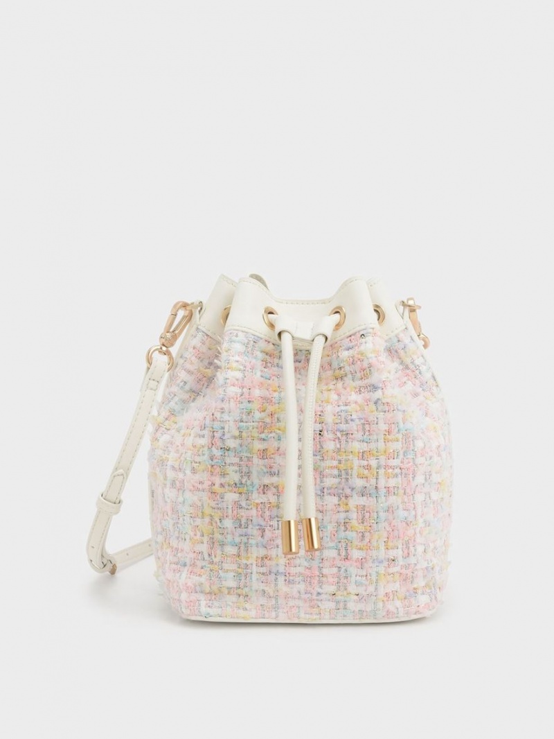 Charles And Keith Woven Handle Tweed Bucket Bags Light Pink | PHILIPPINES V136