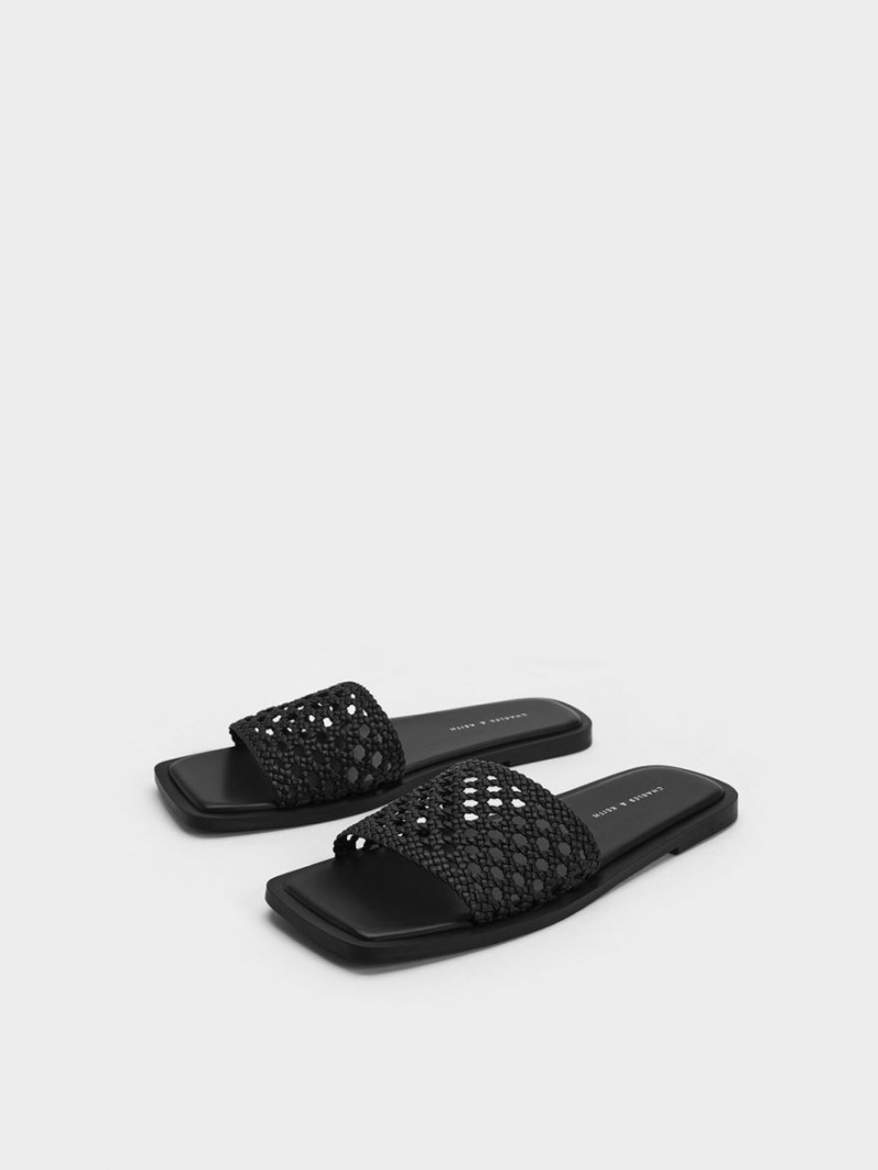 Charles And Keith Woven Square-Toe Slides Black | PHILIPPINES B192