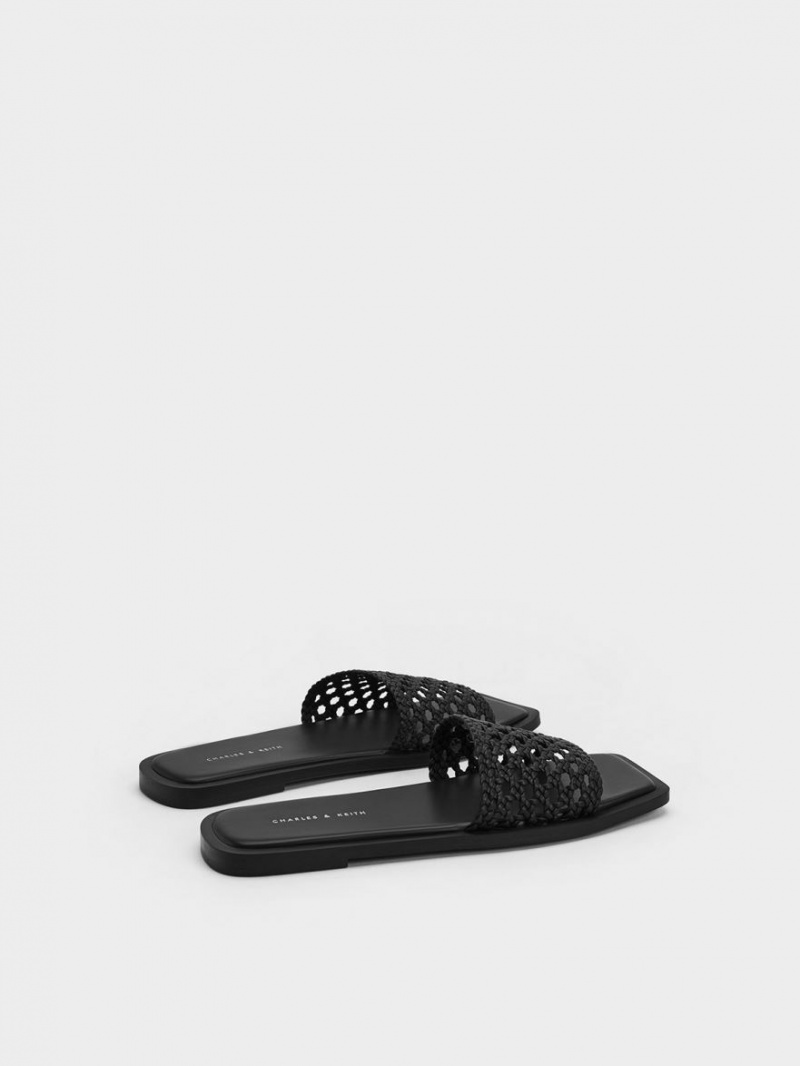 Charles And Keith Woven Square-Toe Slides Black | PHILIPPINES B192