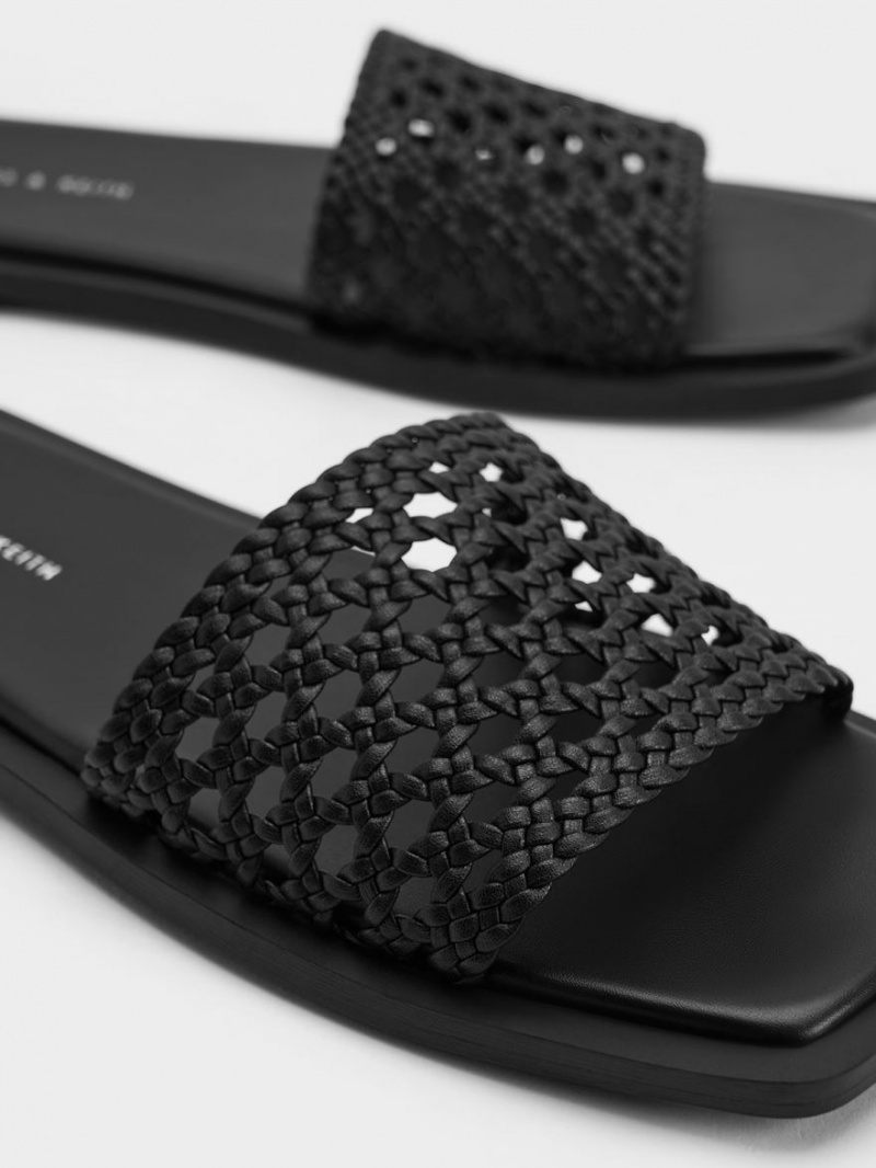 Charles And Keith Woven Square-Toe Slides Black | PHILIPPINES B192