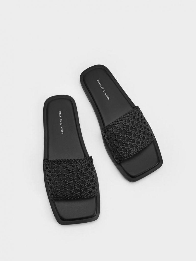 Charles And Keith Woven Square-Toe Slides Black | PHILIPPINES B192