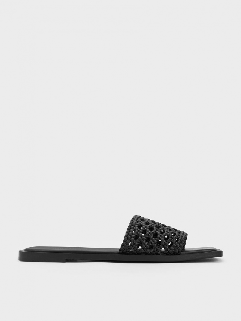 Charles And Keith Woven Square-Toe Slides Black | PHILIPPINES B192