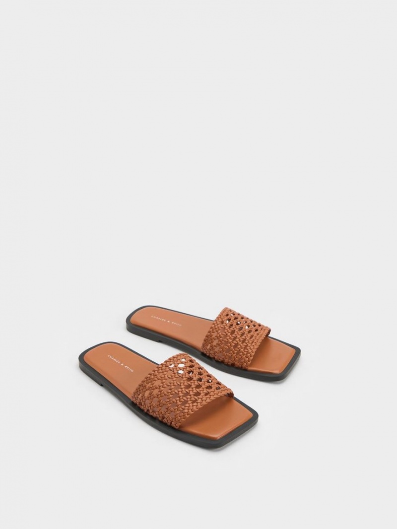 Charles And Keith Woven Square-Toe Slides Brown | PHILIPPINES T580