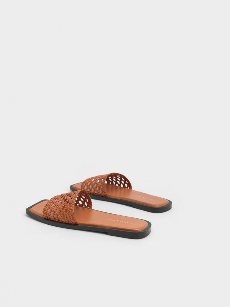 Charles And Keith Woven Square-Toe Slides Brown | PHILIPPINES T580