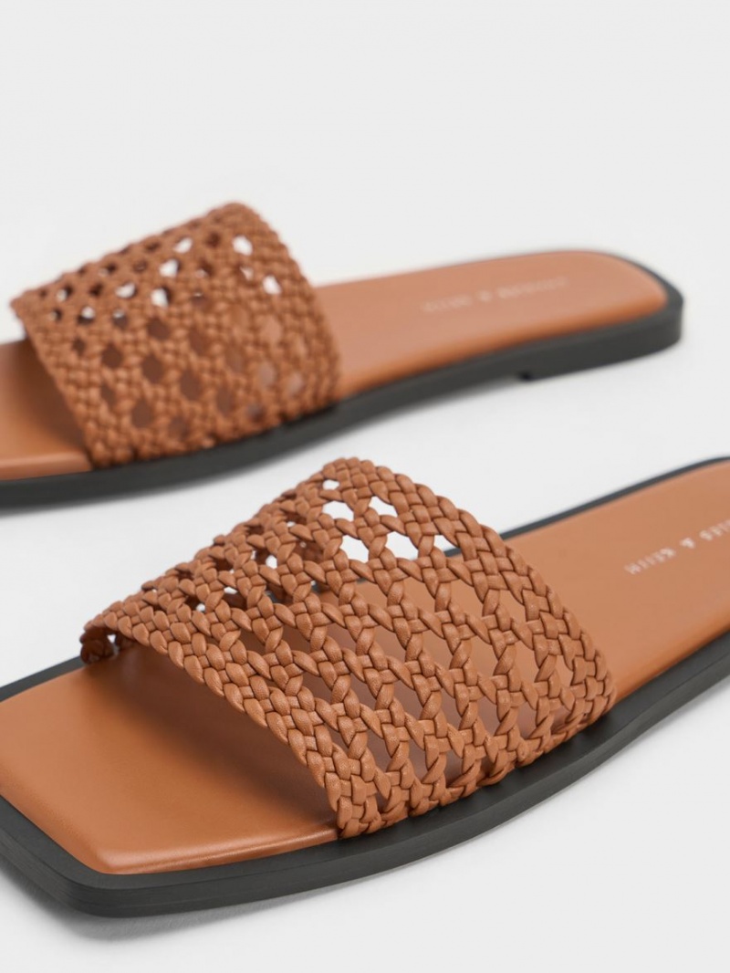 Charles And Keith Woven Square-Toe Slides Brown | PHILIPPINES T580