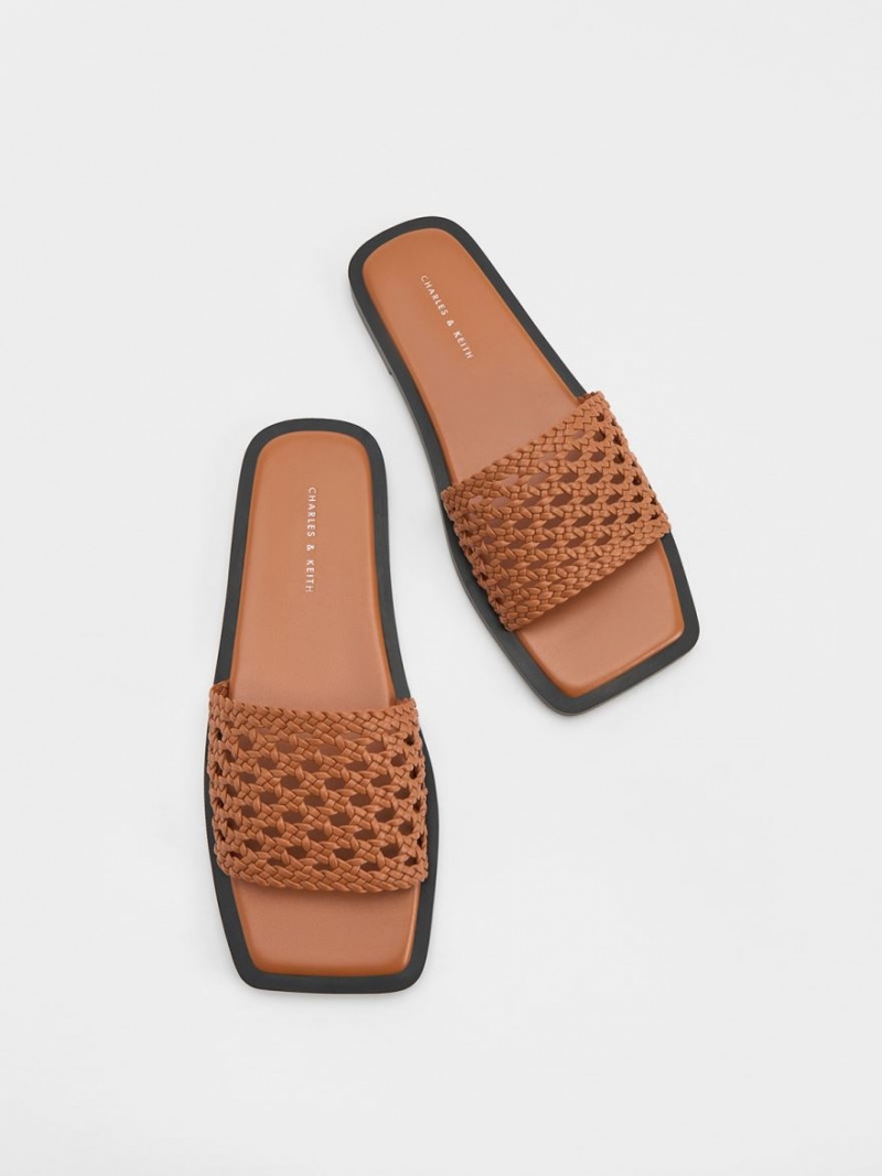 Charles And Keith Woven Square-Toe Slides Brown | PHILIPPINES T580