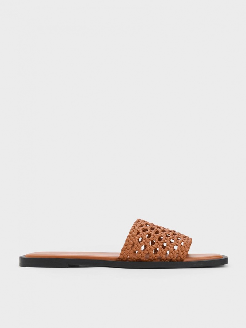 Charles And Keith Woven Square-Toe Slides Brown | PHILIPPINES T580