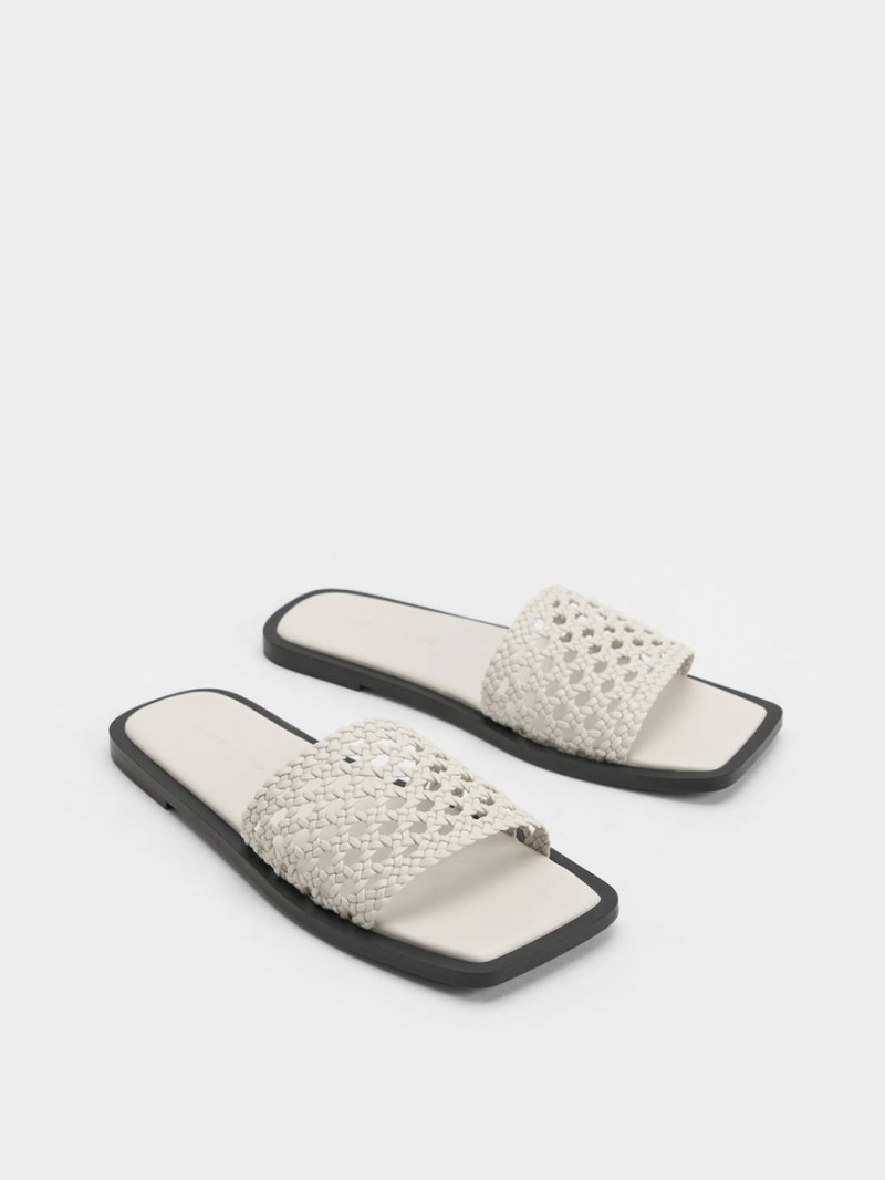 Charles And Keith Woven Square-Toe Slides White | PHILIPPINES N490