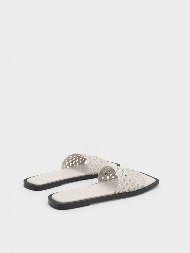 Charles And Keith Woven Square-Toe Slides White | PHILIPPINES N490