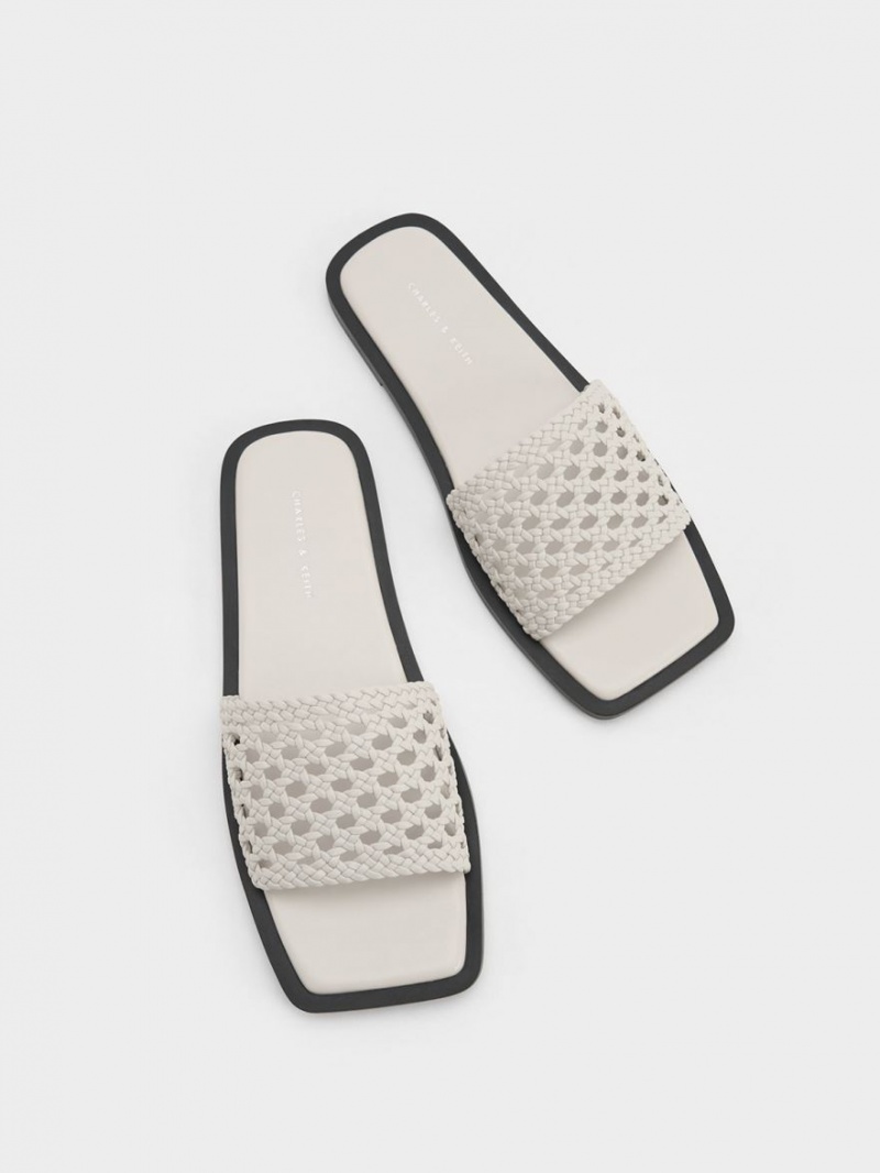 Charles And Keith Woven Square-Toe Slides White | PHILIPPINES N490