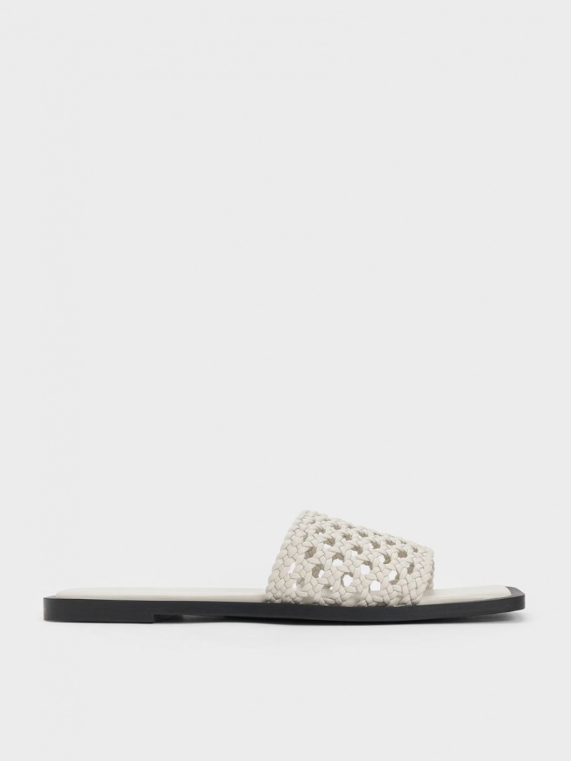 Charles And Keith Woven Square-Toe Slides White | PHILIPPINES N490