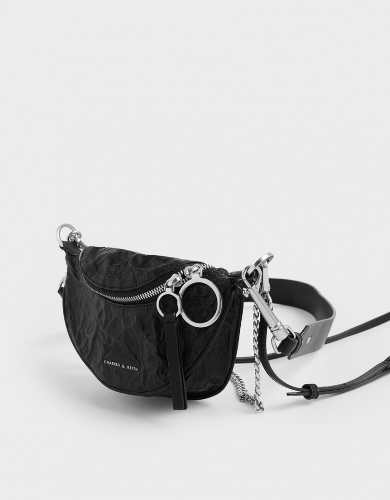 Charles And Keith Wrinkled Effect Ring Zip Tassel Crossbody Bags Black | PHILIPPINES G647