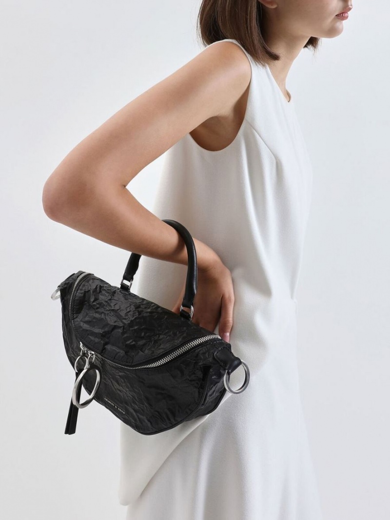 Charles And Keith Wrinkled Effect Semi-Circle Crossbody Bags Black | PHILIPPINES M473