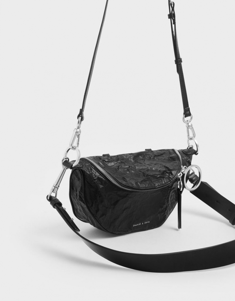 Charles And Keith Wrinkled Effect Semi-Circle Crossbody Bags Black | PHILIPPINES M473