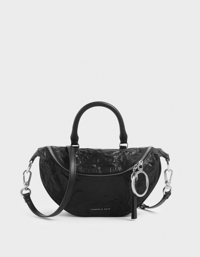 Charles And Keith Wrinkled Effect Semi-Circle Crossbody Bags Black | PHILIPPINES M473