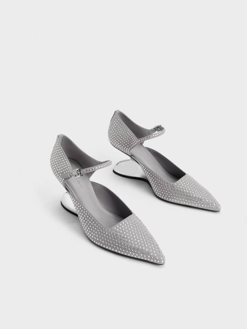 Charles And Keith Zania Gem-Embellished Sculptural D'Orsay Wedges Grey | PHILIPPINES W637