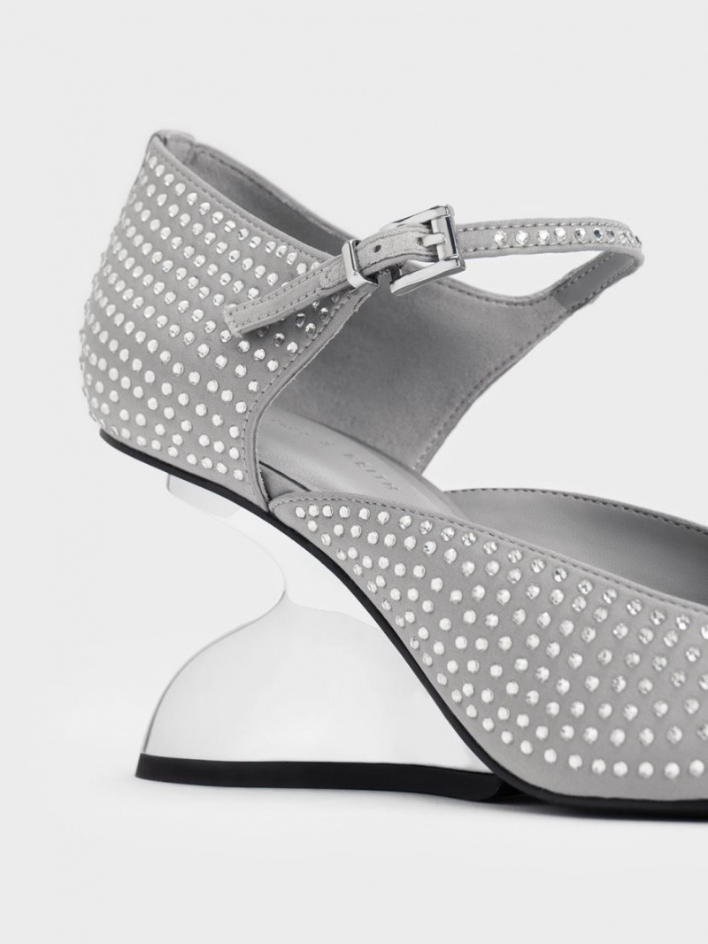 Charles And Keith Zania Gem-Embellished Sculptural D'Orsay Wedges Grey | PHILIPPINES W637