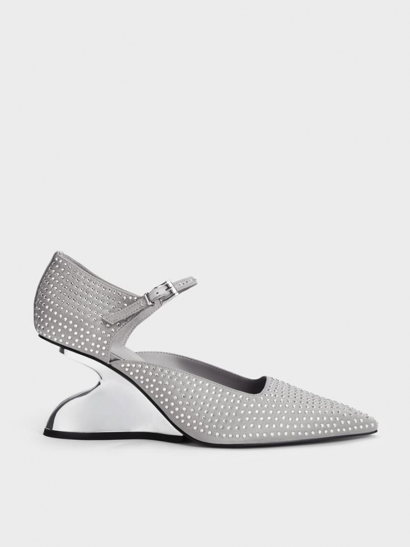 Charles And Keith Zania Gem-Embellished Sculptural D\'Orsay Wedges Grey | PHILIPPINES W637