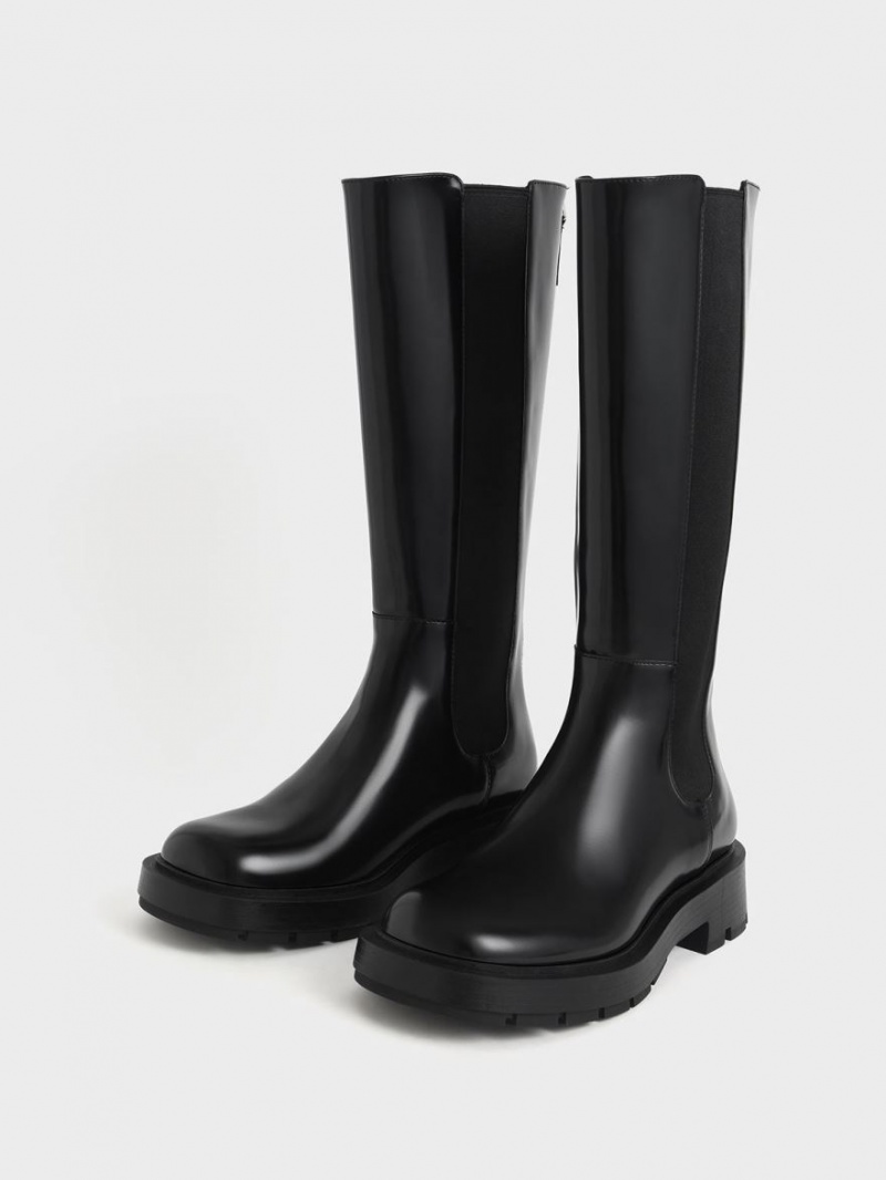 Charles And Keith Zip-Up Chelsea Knee-high Boots Black | PHILIPPINES B059