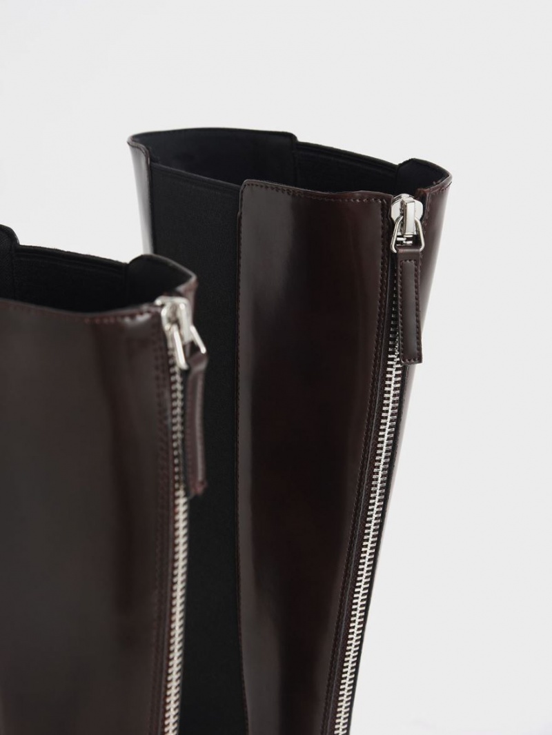 Charles And Keith Zip-Up Chelsea Knee-high Boots Dark Brown | PHILIPPINES O968